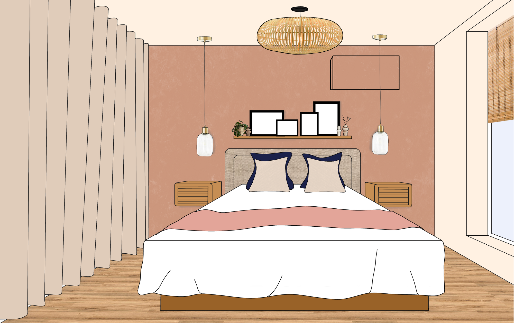 Projection-dessin-perspective-decoration-chambre-chaleureuse chambre-lit-couleurs-chaleureux-table-chevet-vase-fleurs-linge-terractotta-dessin-projection-perspective