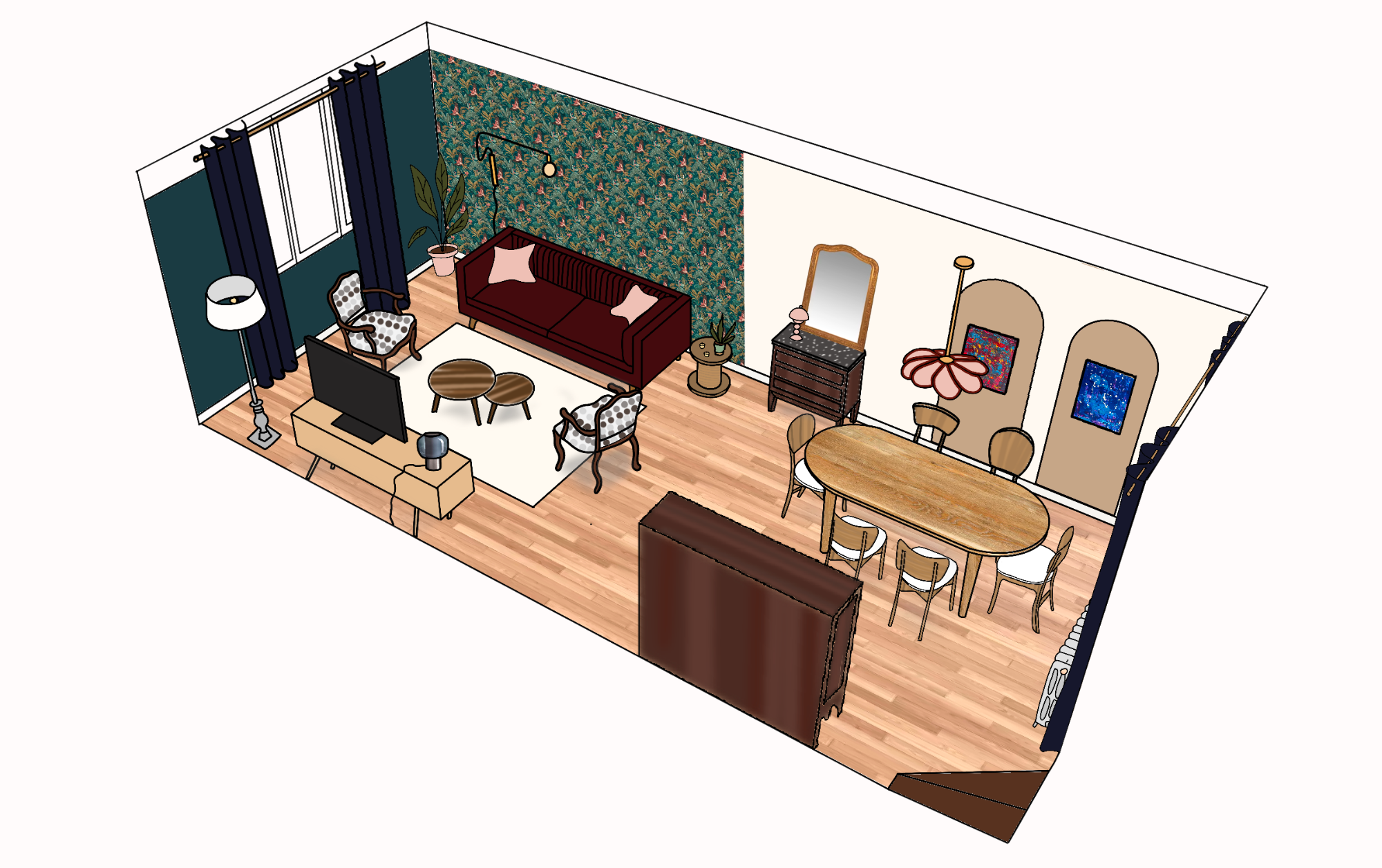 Projection-dessin-perspective-decoration-chambre-chaleureuse salon-salleamanger-canapé-table-chaises-couleurs-chaleureux-table-chevet-vase-fleurs-linge-terractotta-dessin-projection-perspective